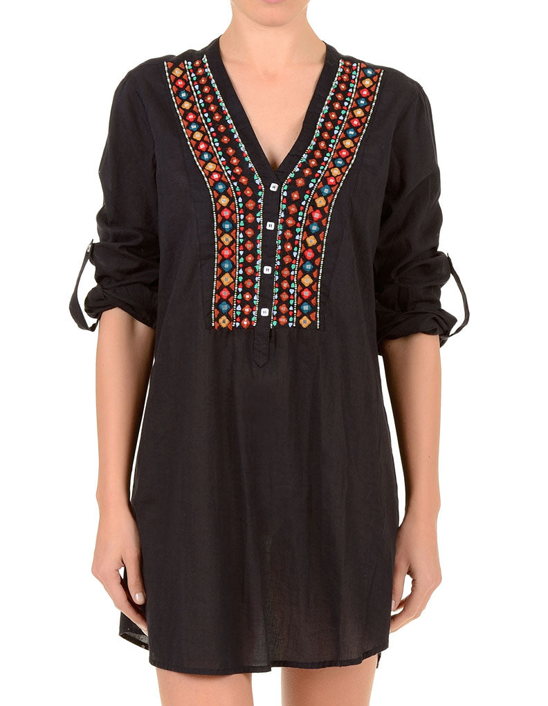 Iconique IC7-031 Black Aztec Embroidered Blouse Cover Up