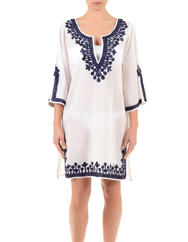 Iconique IC7-095 White and Blue Embroidered Kaftan