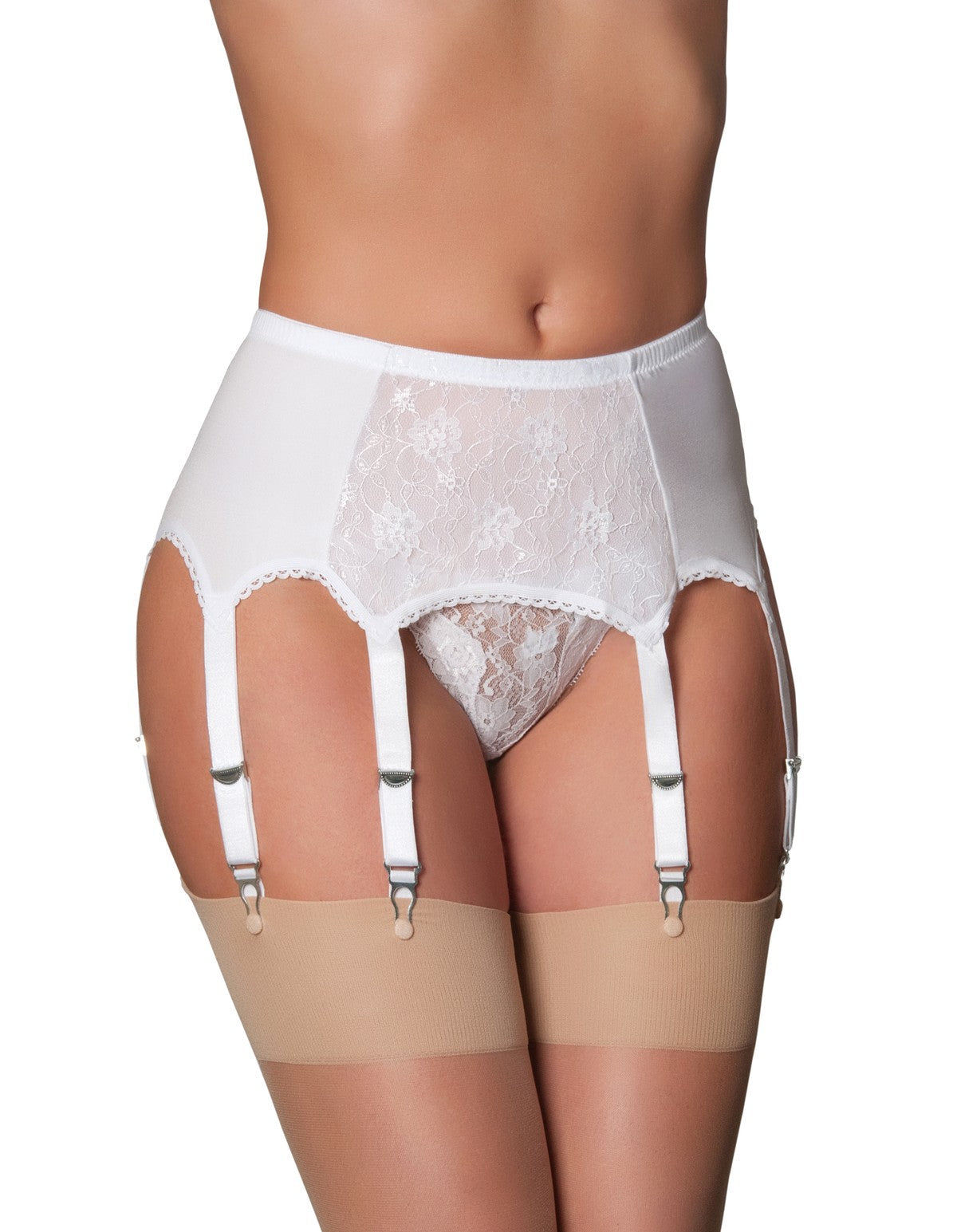 Nylon Dreams NDL9 White Lace 8 Strap Suspender Belt