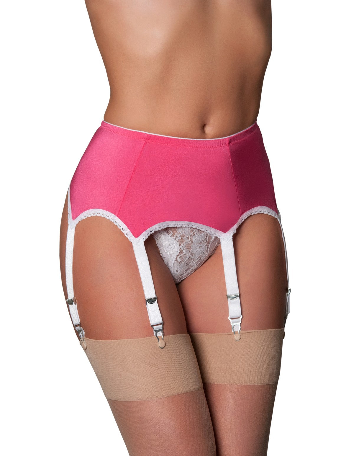 Nylon Dreams NDL59 Pink and White Lace 6 Strap Suspender Belt