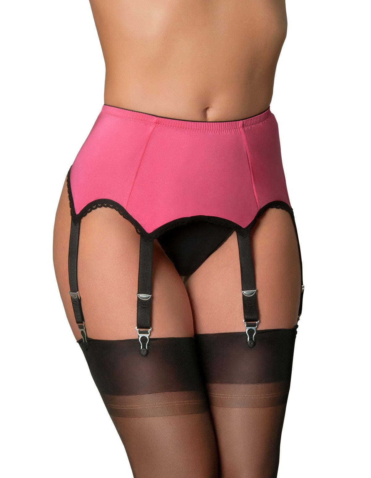 Nylon Dreams NDL59 Pink and Black Lace 6 Strap Suspender Belt