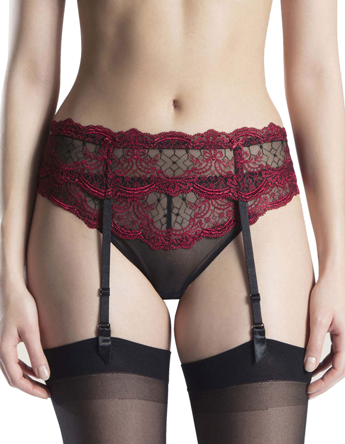 Aubade FH50 Passion Nocturne Volupte Red and Black Lace Embroidered Suspender Belt S