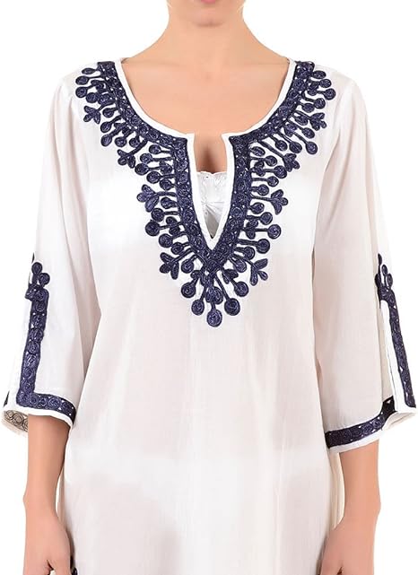 Iconique IC7-095 White and Blue Embroidered Kaftan