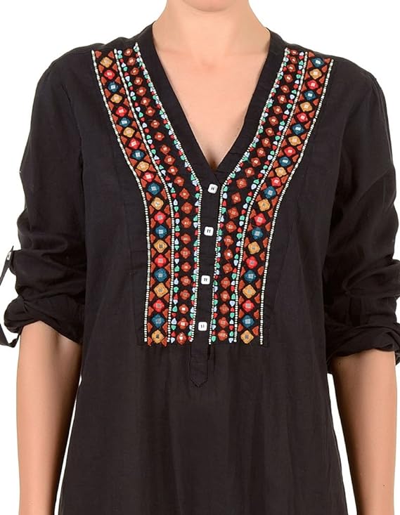 Iconique IC7-031 Black Aztec Embroidered Blouse Cover Up